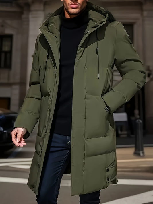 Veste d'hiver longue et chaude pour homme, couleur unie, col montant, rembourrée en duvet synthétique, cadeau idéal.