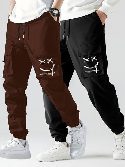 2 Pcs Pantalons De Jogging Cargo Avec Poches Pour Hommes, Motif De Visage Souriant, Respirant Et Décontracté, Vêtements Pour Hommes Avec Cordon De Serrage Pour Les Activités En Plein Air