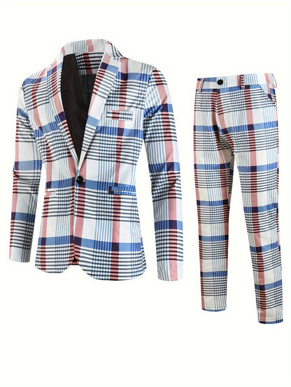 Costume deux pièces pour homme à motif écossais, blazer à revers crantés et pantalon de ville, costume décontracté et tendance pour les fêtes et les tenues décontractées.