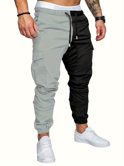 Pantalon Fuselé À Poches À Rabat Avec Blocs De Couleurs, Pantalon Cargo Décontracté À Taille Élastique Avec Cordon De Serrage Pour Hommes Pour Le Printemps Et L'automne