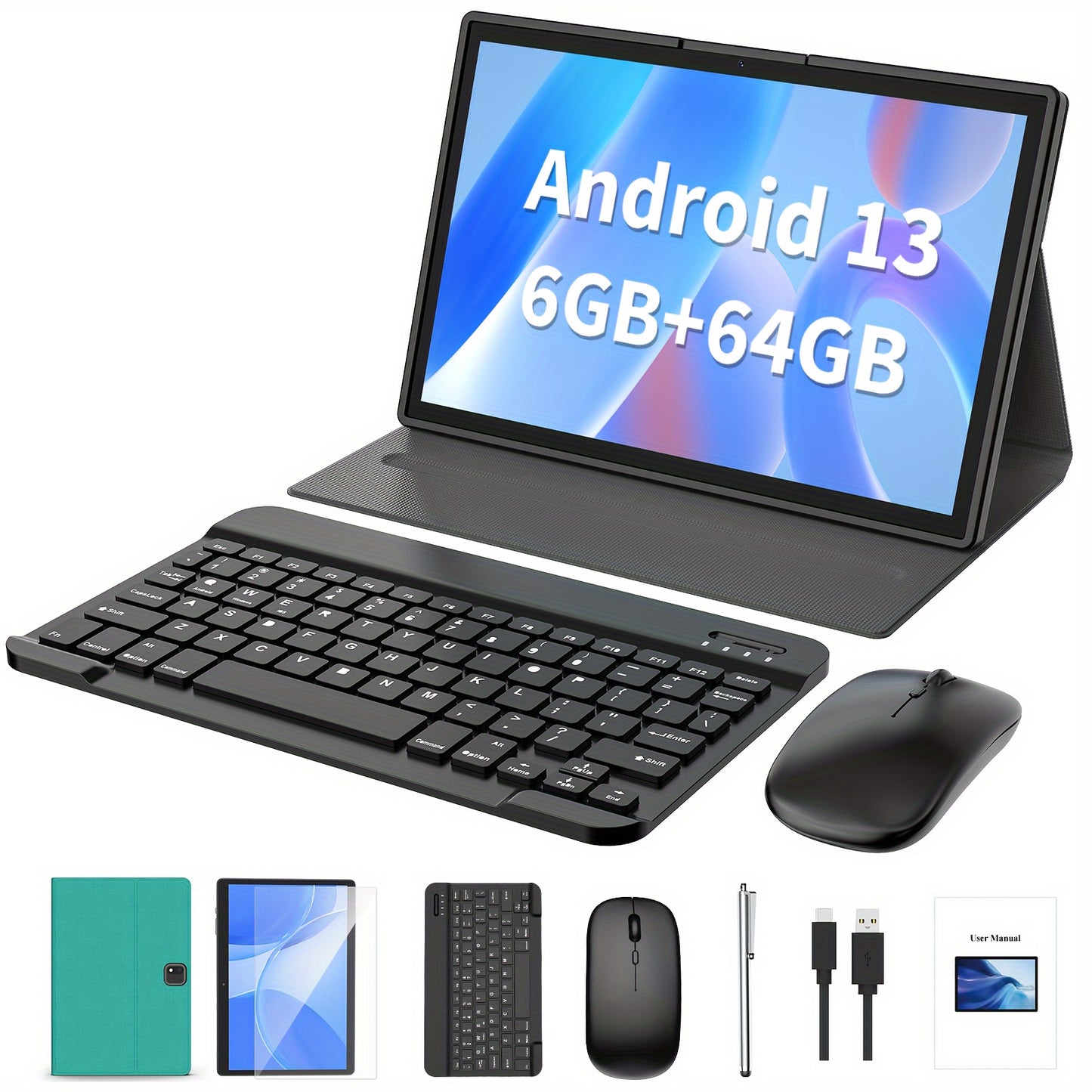 10 pouces Tablette Android 2 en 1 avec clavier - 6 Go + 64 Go, étui, souris stylet et double caméra - 1 To extensible - WiFi, BT - GMS certifié (vert)