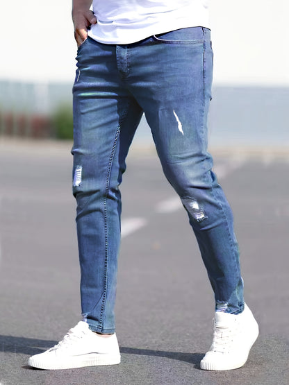 Jean déchiré slim fit pour homme, pantalon en denim confortable et tendance pour homme, polyvalent pour toutes les saisons