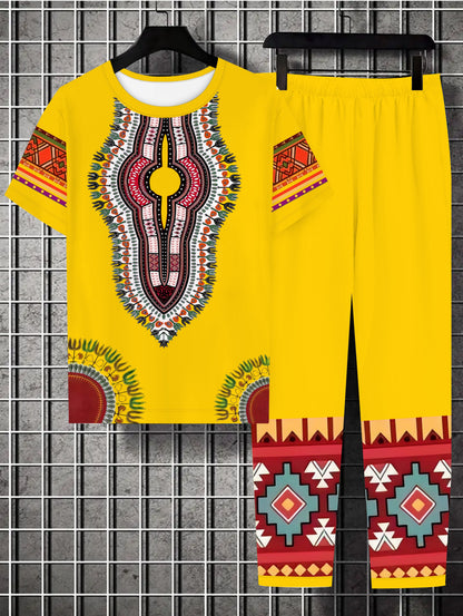 2pcs Ensemble T-shirt à manches courtes et col rond à motif ethnique africain imprimé en 3D et pantalon à cordon de serrage pour homme grande taille