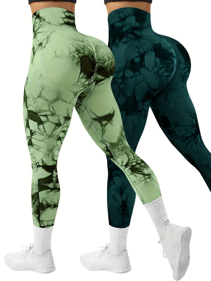 2 Pack Tie Dye Seamless High Stretchy Sports Yoga Leggings Athletic Workout Pants Comfortable Activewear for Gym Home Workout 