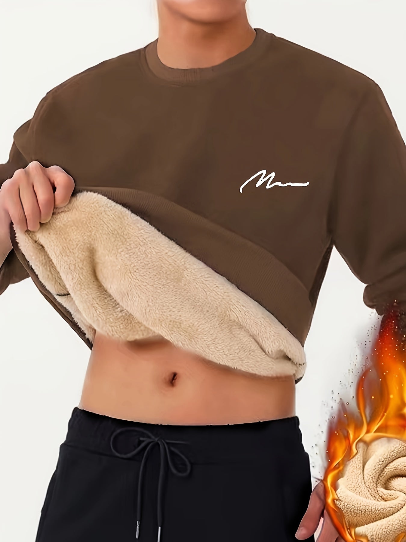 Sweat-shirt à manches longues et col rond en molleton imprimé de lettres pour hommes, haut chaud et épais pour l'hiver et l'automne