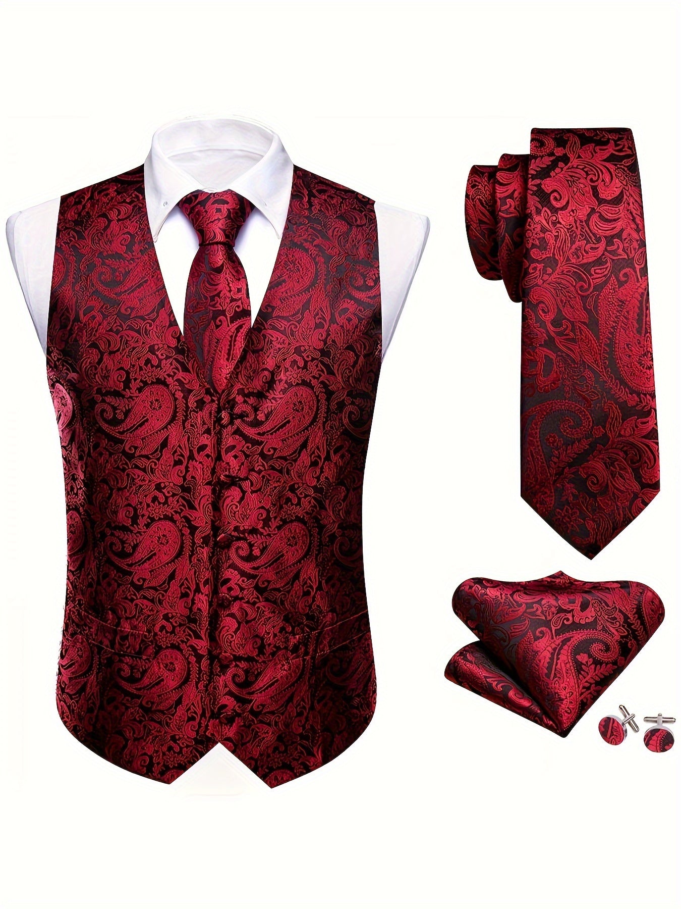 Gilet jacquard à motif paisley pour homme avec cravate, mouchoir et boutons de manchette pour mariages et occasions festives