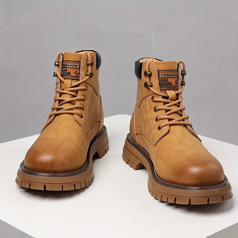 Bottes montantes Derby pour hommes, couleur unie, bout uni, avec ou sans doublure chaude en peluche, semelles en caoutchouc antidérapantes et durables, chaussures confortables, chaussures d'extérieur pour hommes en hiver.