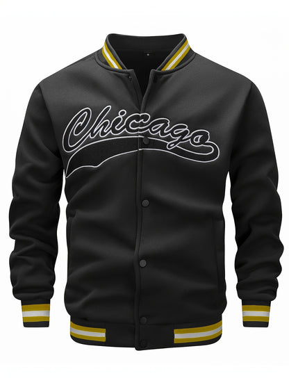 Veste de baseball brodée à la calligraphie pour hommes "CHICAGO", manteau décontracté et élégant à manches longues avec boutons, vêtements d'extérieur