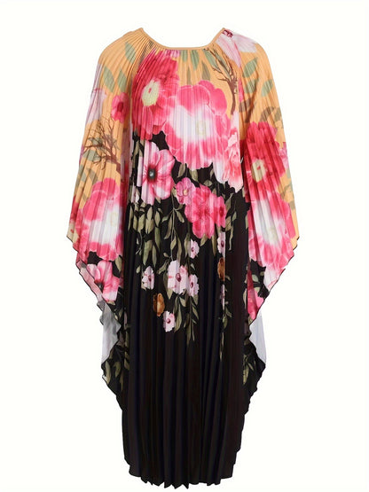 Plus Size Floral Pleated Dress Holiday Style Batwing Sleeve Round Neck for Spring Summer Plus Size Clothing for Women 