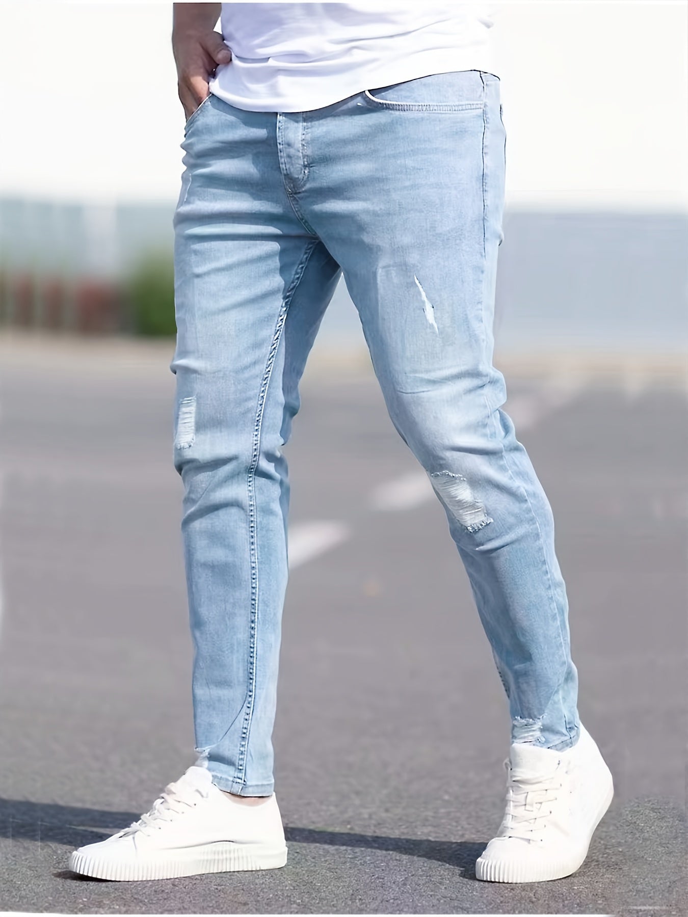 Jean déchiré slim fit pour homme, pantalon en denim confortable et tendance pour homme, polyvalent pour toutes les saisons