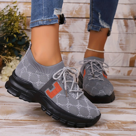 Women's Lightweight Diamond Pattern Chunky Sneakers Thick Sole Breathable Lace Up Casual Mesh Running Shoes 