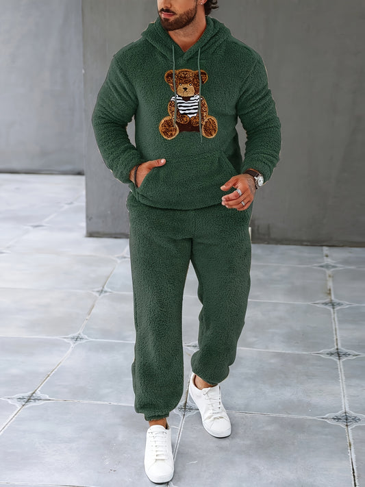 Ensemble 2 Pièces En Polaire Pelucheuse Pour Hommes, Sweat-shirt À Capuche Décontracté À Manches Longues Et Pantalons De Survêtement Ensemble De Jogging Pour L'hiver Et L'automne, Vêtements Pour Hommes