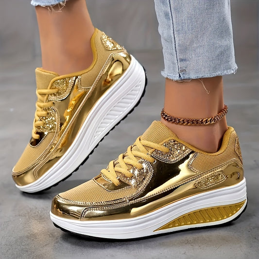 Women's Metallic Wedge Sneakers, Breathable Mesh Lace-up Outdoor Shoes, Comfortable Low-cut Sports Shoes 