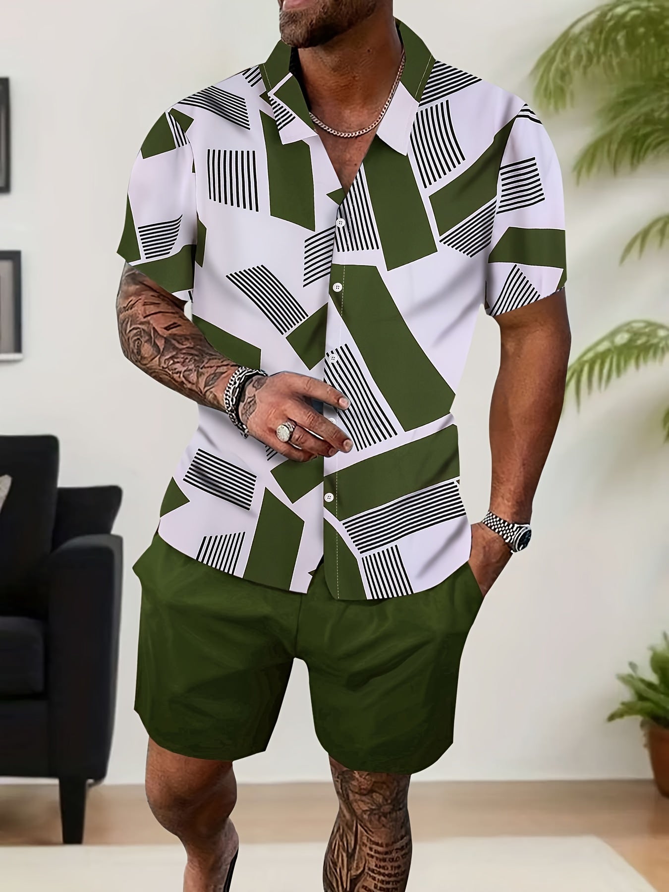 Men's Casual Pajamas Sets, Short Sleeve Lapel Collar Shirt and Elastic Waist Loose Shorts, Home Loungewear for Summer 