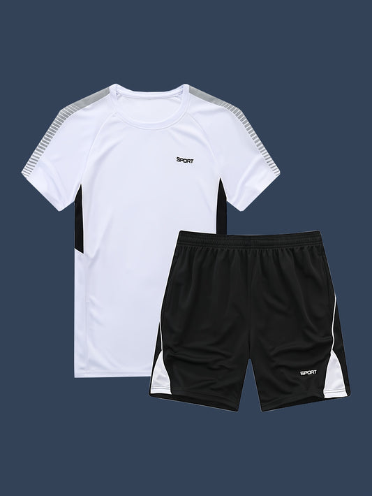 Ensemble pour homme, T-shirt à manches courtes et short à blocs de couleurs et imprimé graphique sportif pour les activités estivales en plein air