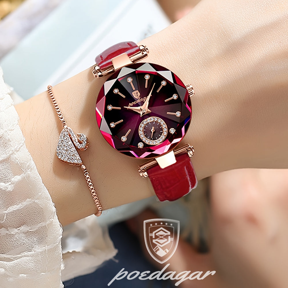 Women's Elegant Waterproof Analog PU Leather Wrist Watch with Luxury Rhinestone Dial and Quartz Movement 