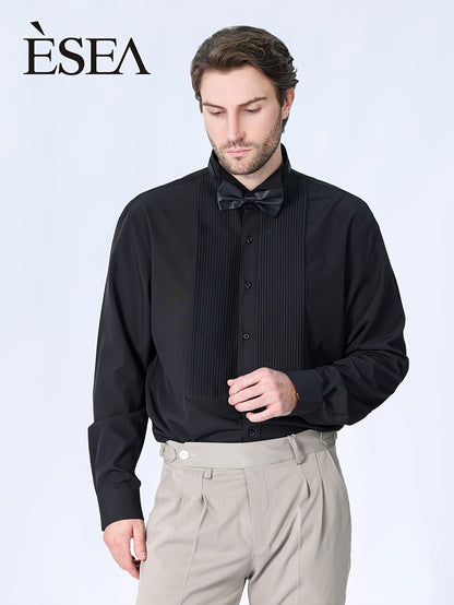 Chemise de soirée habillée unie pour homme avec nœud papillon, chemise de smoking française élégante à coupe standard pour mariage, fête et banquet officiel