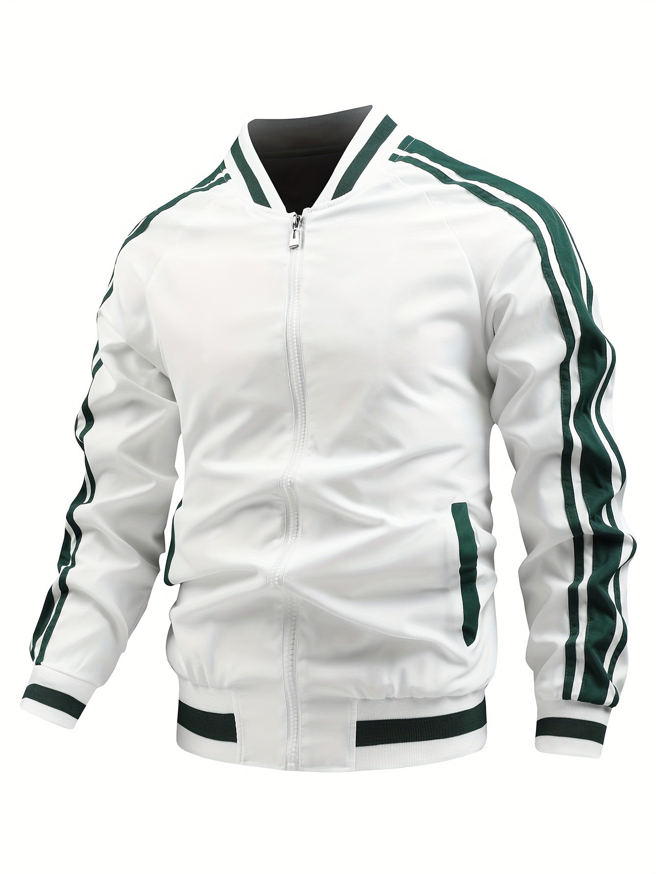 Men's Matching Striped Jacket with Pockets, Casual Breathable Baseball Collar, Zipper and Long Sleeve for Outdoor