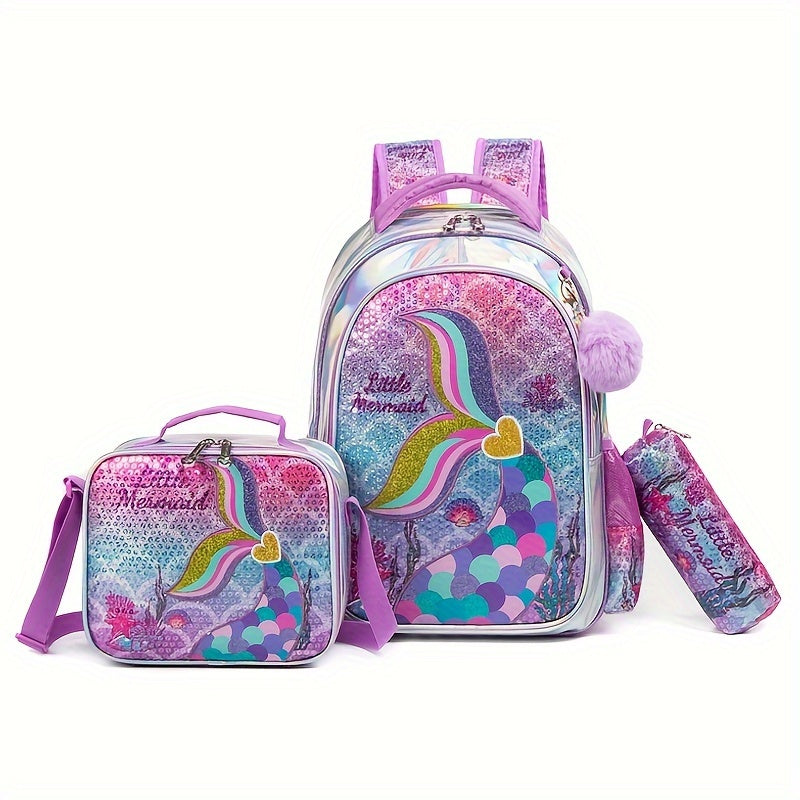 Ensemble sac à dos queue de sirène, sac d'école avec boîte à lunch et trousse, sac à bandoulière à paillettes mignon, sac à lunch isotherme, combo sac à dos en cuir rose scintillant