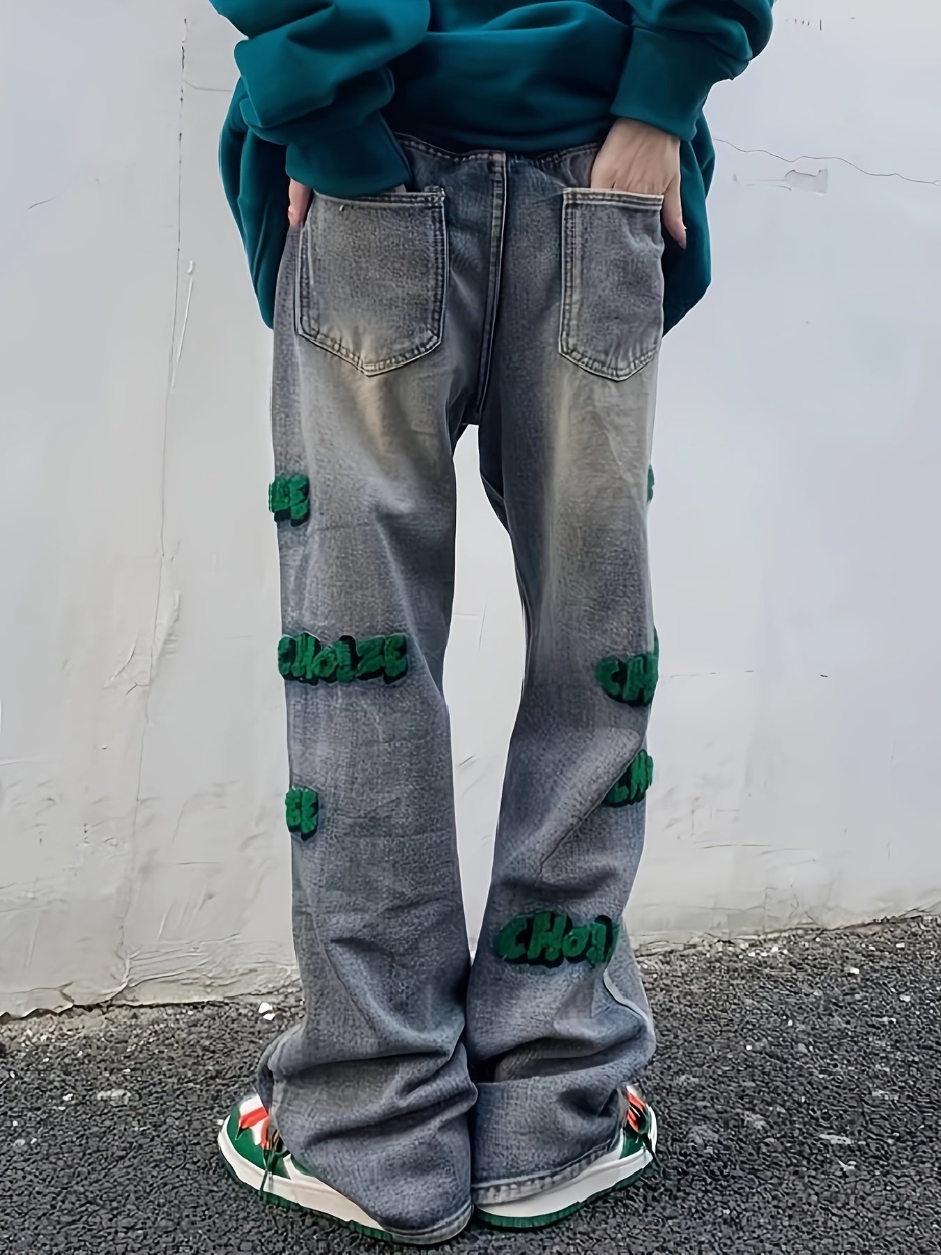 Jeans baggy en coton brodé, pantalon en denim de style de rue créatif décontracté pour hommes pour le printemps été