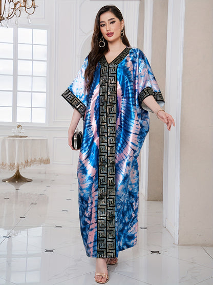 Abstract Greek Print Kaftan Dress, Elegant Short Sleeve V Neck Ankle Length Loose Dress, Women Clothing. 