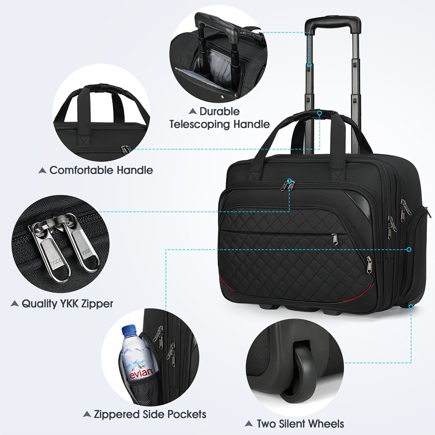 NUBILY Sac à roulettes pour ordinateur portable 17.3 pouces - Valise à roulettes pour hommes et femmes - Bagage à main sous le siège - Sac d'ordinateur étanche - Sacs à roulettes pour ordinateur portable - Poches RFID - Noir matelassé