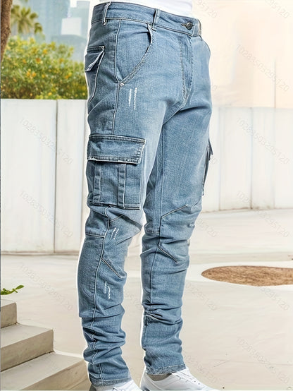 Jean skinny à poches à rabat pour homme, pantalon en denim extensible de style urbain chic