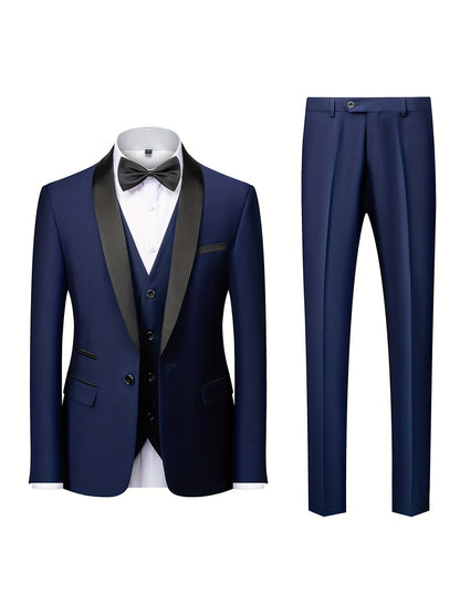 Ensemble de costume 3 pièces pour homme, blazer à revers châle et un bouton, gilet de smoking simple boutonnage et pantalon slim, ensemble élégant et classique pour mariage, banquet et occasions formelles.