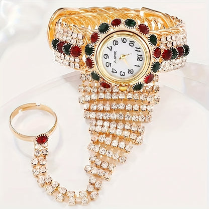 Elegant round rhinestone quartz watch, zinc alloy strap, zinc alloy hands, zinc alloy case. Luxury gift for Valentine's Day, Easter, Ramadan, Eid al-Adha. 