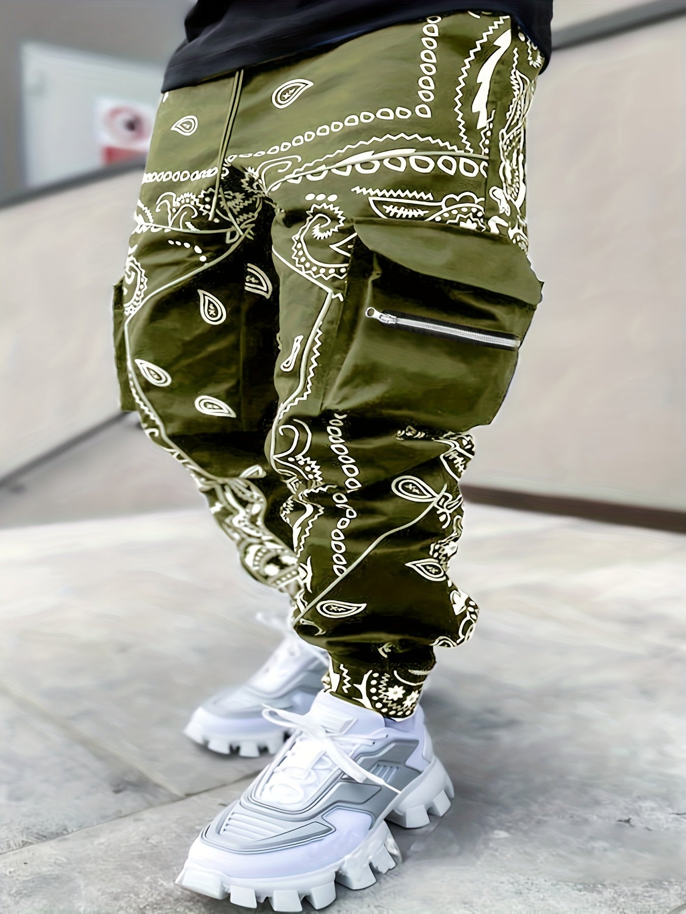 Paisley Multi Pockets Drawstring Cargo Pants, Men's Casual Cargo Joggers, Spring Summer Streetwear Style 