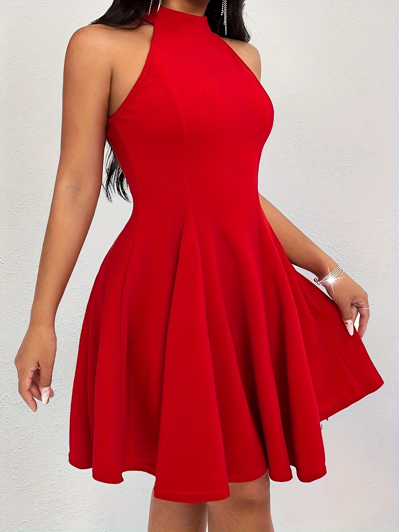 Halter Neck A-Line Dress Solid Color Sleeveless Elegant Slim Dress Women Clothing 