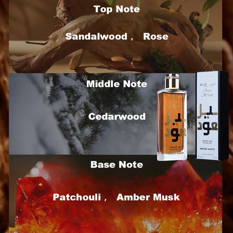 Eau de Cologne pour homme d'inspiration moyen-orientale, 50 ml, parfum boisé oriental longue durée avec des notes de bois de santal, de rose et de musc.