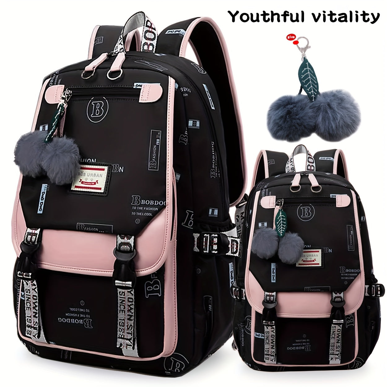 Casual school bag, lightweight and large capacity, can accommodate a laptop, multi-function waterproof wear-resistant portable backpack with a hanging plush ball 