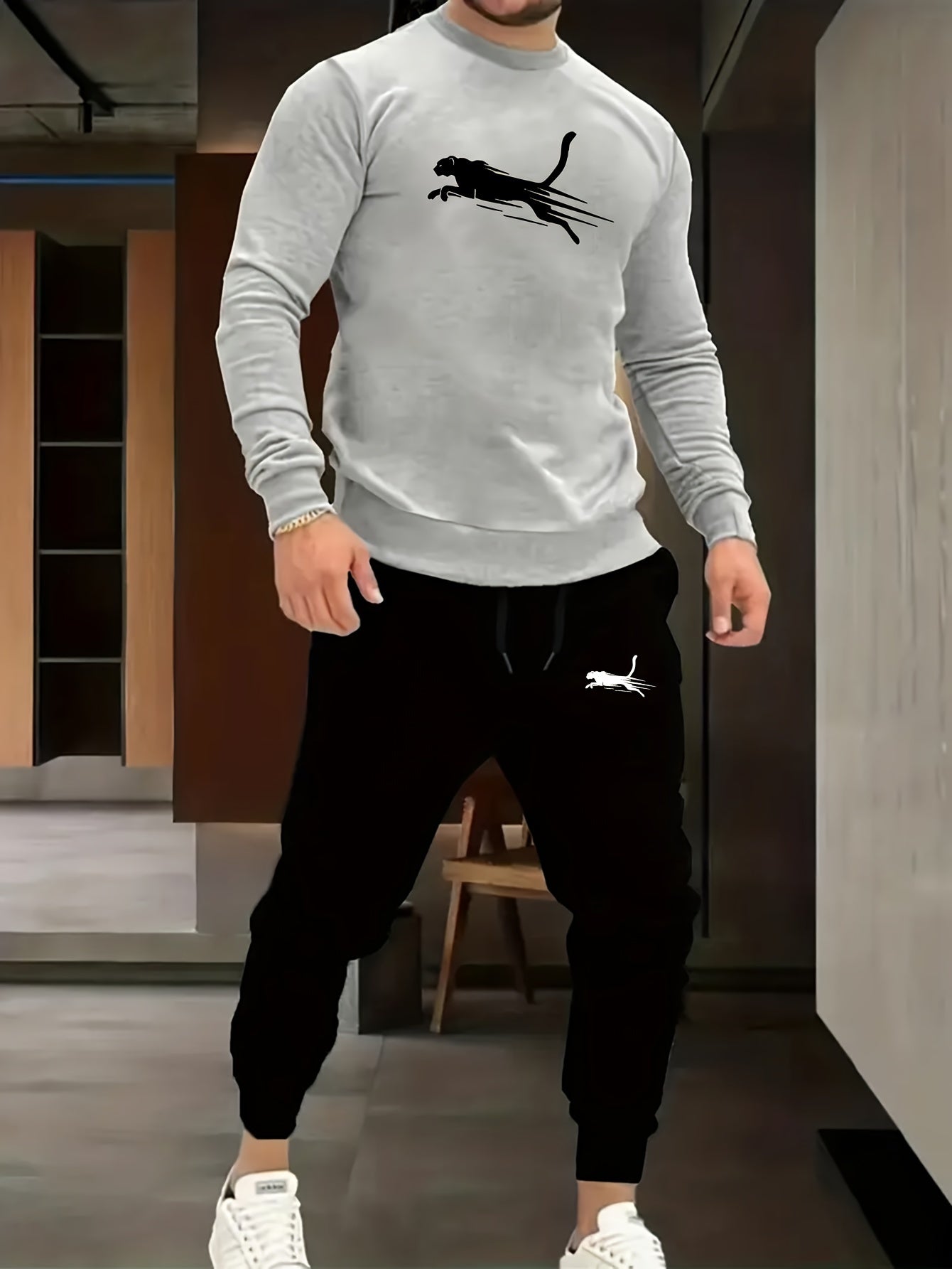 Ensemble Sweat-Shirt Et Jogging Imprimé Graphique Pour Homme - Décontracté Et Polyvalent Avec Poches, Lavable En Machine