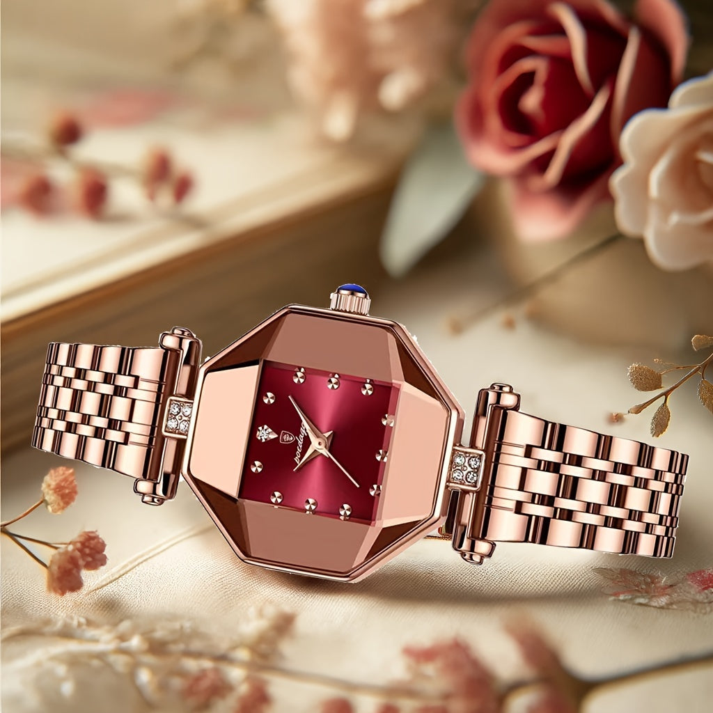 Rose Gold Square Quartz Watch with Stainless Steel Strap, Alloy Case, Electronic Movement for Women and Men. 