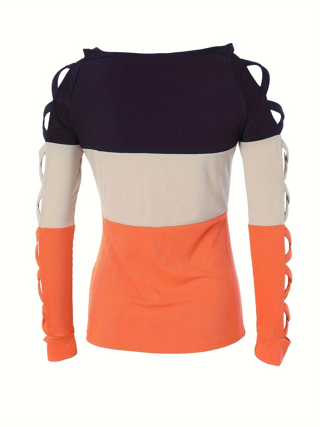 Color Block Round Neck T-shirt, Casual Long Sleeve Criss Cross Top for Spring and Autumn, Women's Clothing 