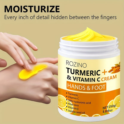 Crème pour les mains et les pieds ROZINO au curcuma et à la vitamine C, 250 g - Crème hydratante hypoallergénique à absorption rapide pour les peaux sèches avec glycérine, vitamine C, acide hyaluronique, aloe vera, pour tous les types de peau