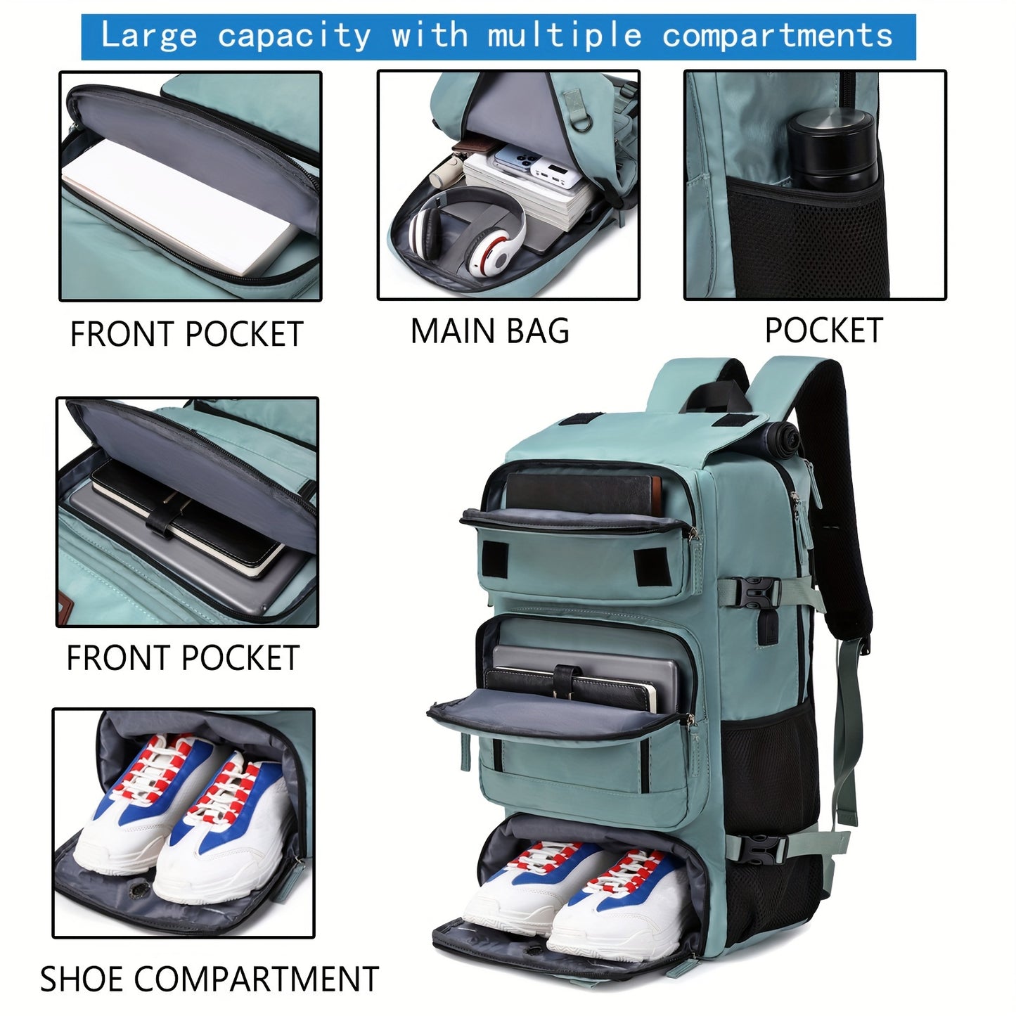 Sac à dos de voyage pour hommes, grand sac à dos de cabine pour femmes, sac de randonnée étanche avec compartiment à chaussures, sac à dos pour ordinateur portable de 17.3 pouces, sac d'affaires