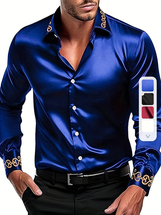 Chemise à manches longues pour homme avec col à revers brodé floral pour un usage quotidien décontracté