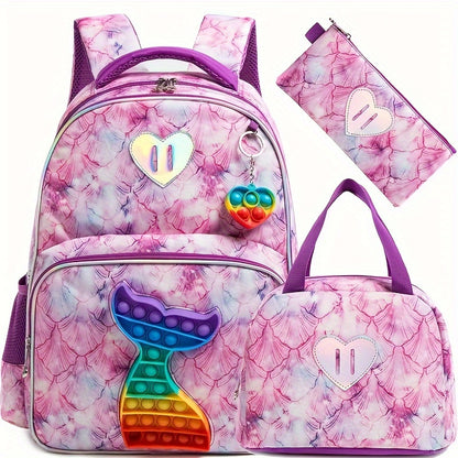 Ensemble de sac à dos 3 pièces, sac d'école sur le thème de la queue de sirène avec sac à lunch isotherme et trousse à crayons, ensemble de sacs mignons à dégradé violet