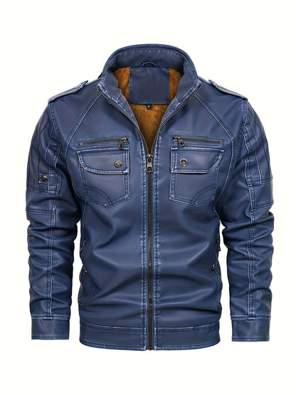 Veste en cuir PU style vintage pour homme - Manteau de motocyclisme softshell à manches longues et col montant avec poches - Vêtement décontracté de couleur unie non extensible - Extérieur en polyuréthane et doublure en polyester - Mode automne/hiver