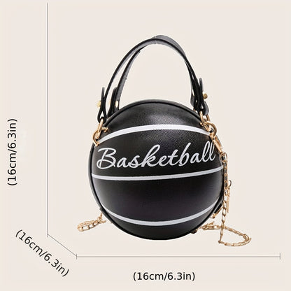 Sac rond basketball motif mini lettre, porte-monnaie bandoulière rond à chaîne fantaisie, sac à fermeture éclair