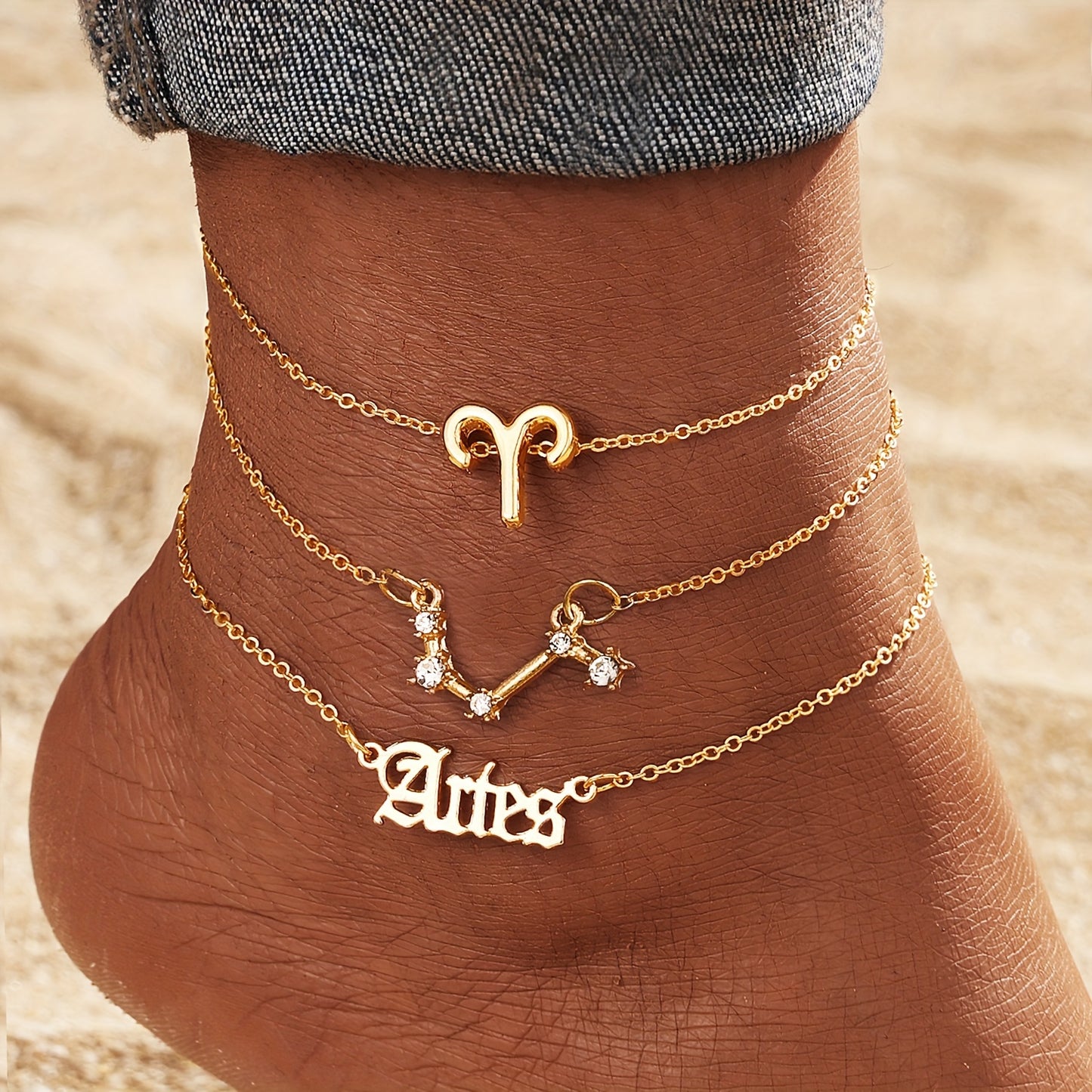 3Pcs/Set Gold Zodiac Anklets, Bohemian Elegant Chains Set for Women, Fashion Astrological Signs Charms for Women 