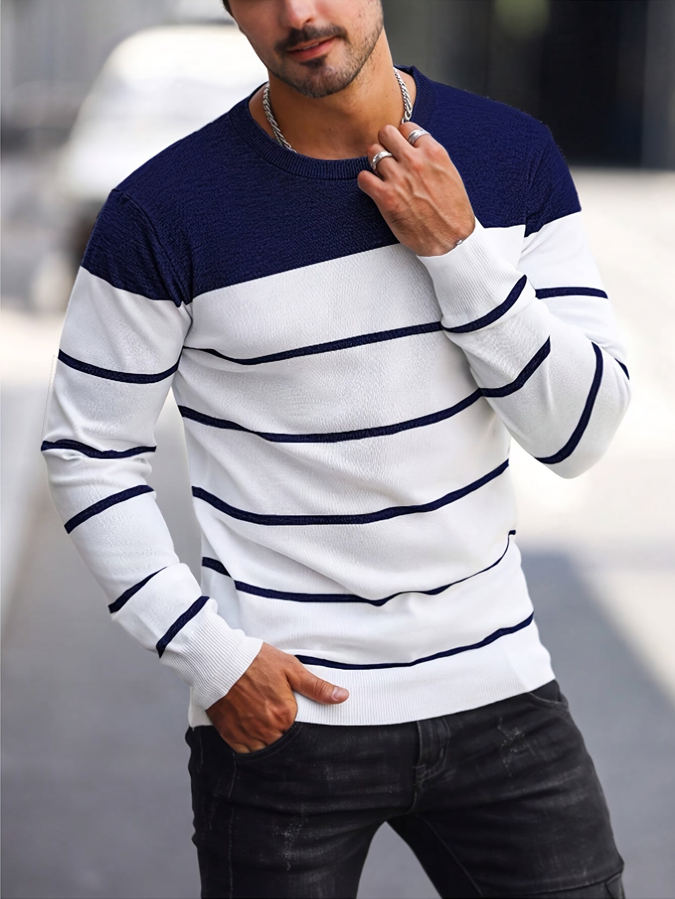 2024 New Men's Striped Knitted Sweater Round Neck Warm Top for Men