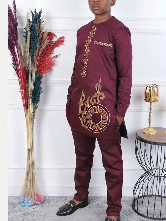 Tenue traditionnelle culturelle pour garçons africains, pull à manches longues brodé et pantalon à taille élastique, ensemble de vêtements confortable pour garçons.