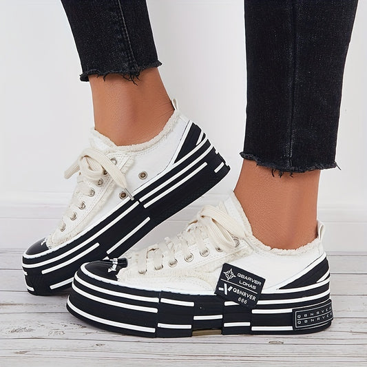 Women's Raw Edge Canvas Shoes, Deconstructed Lace-Up Platform Sneakers, Women's Trainers 