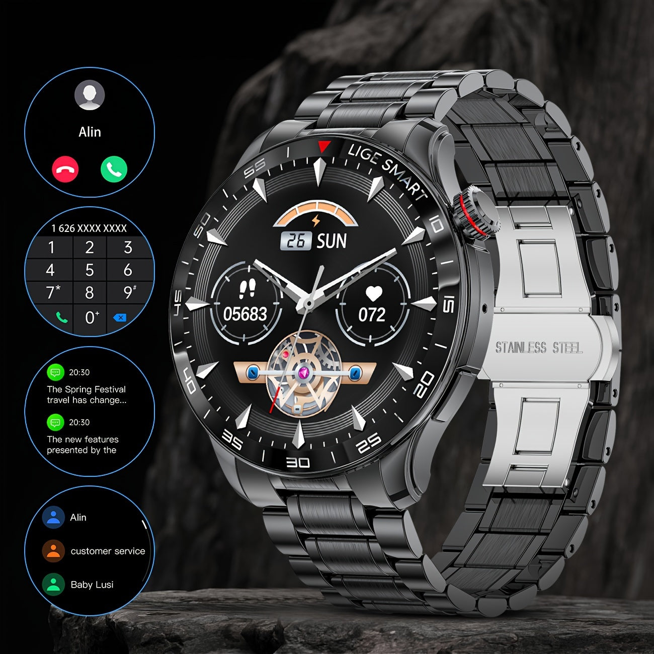 Montre connectée Lige pour hommes avec appels sans fil, écran AMOLED 1.43'', batterie 460 mAh, 120 modes sportifs, prévisions météo, contrôle de la musique et de l'appareil photo, compatible avec les téléphones Android et iPhone