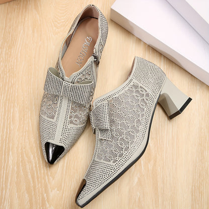 Women Pointed Toe Lace Block Low Heels, Rhinestone Solid Color Bow Tie Side Zipper Shoes, Fashion Sandals 