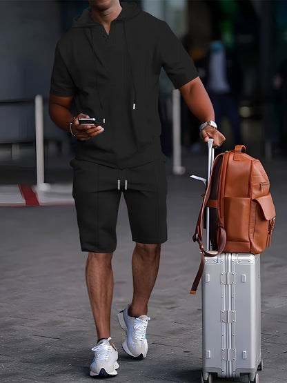 Ensemble décontracté d'été pour homme, t-shirt à manches courtes à capuche et cordon de serrage de couleur unie et short à taille élastique, 2 pièces