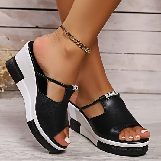 Women Rhinestone Wedge Slippers, Elegant Open Toe Summer Sandals with Platform Heels 